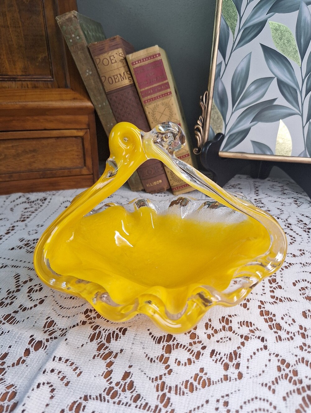 Mid Century Murano Style Blown Glass Basket With Handle